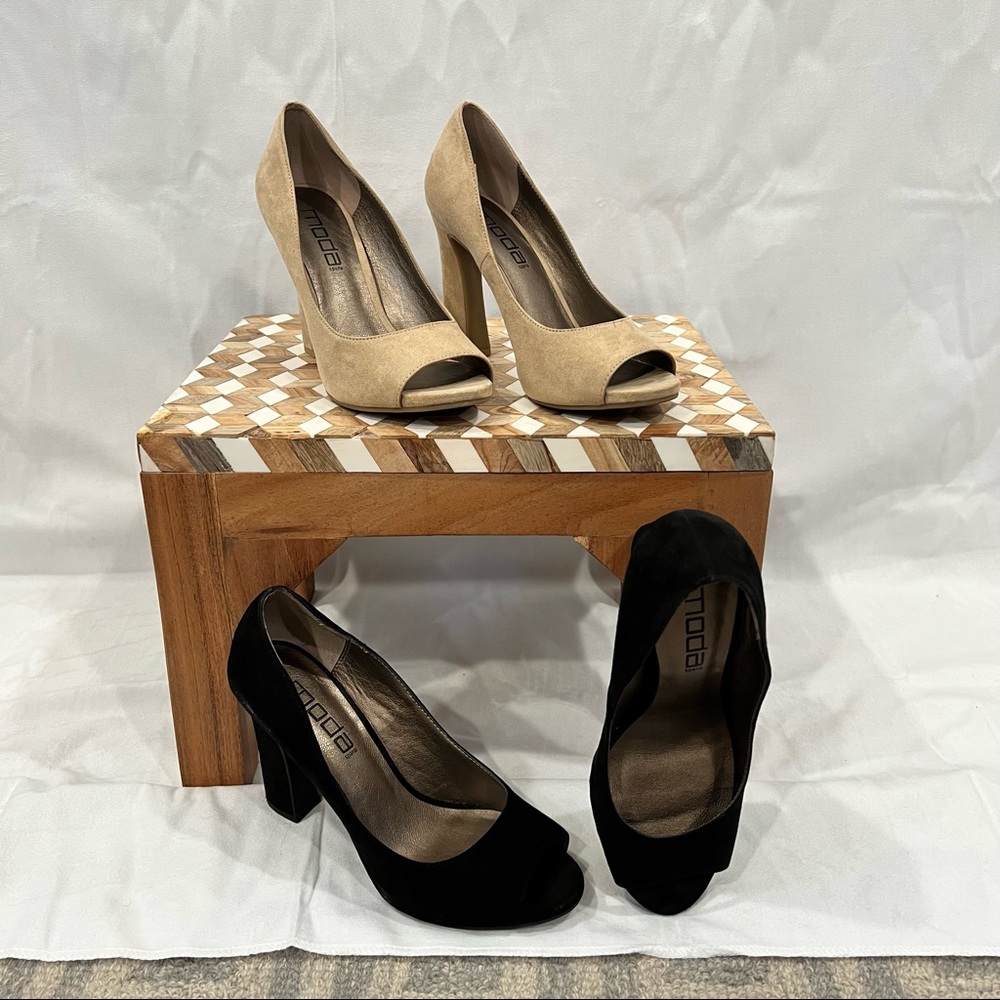 Two Pairs of Moda Microfiber Open Toe Heels - Black and Beige size 8.5